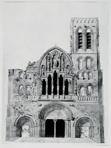 Fasaden til La Madeleine de Vézelay (penn og blekk og wc på papir)